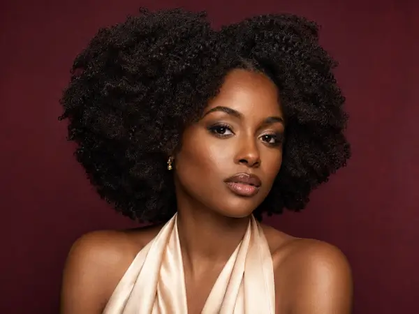 high-fashion beauty portrait of an attractive adult young woman age 22 with naturally coily hair